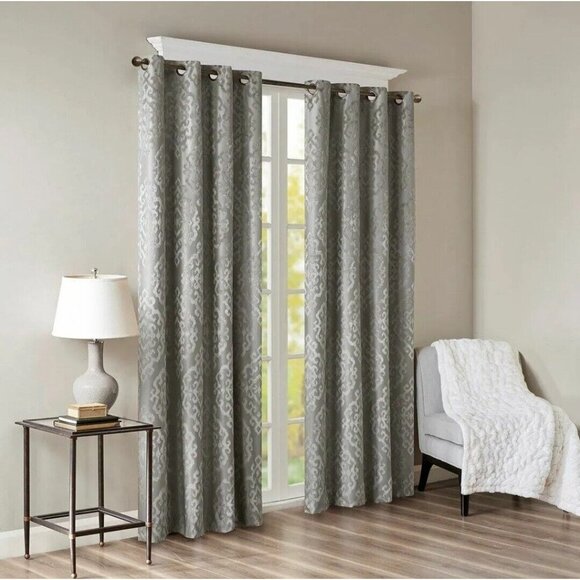Charcoal Grey Knitted Jacquard TOTAL BLACKOUT Grommet Top Curtain Panel(1) - Picture 2 of 10